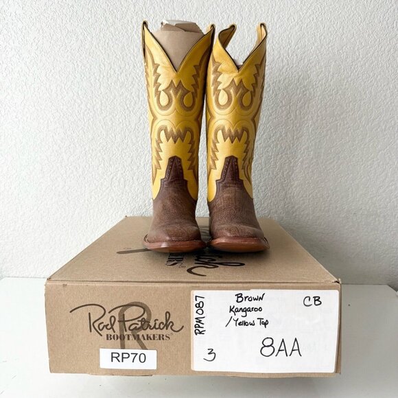 Rod Patrick Mens Cowboy Boots 8AA Brown Kangaroo Yellow Top Western Square Toe - Picture 12 of 13